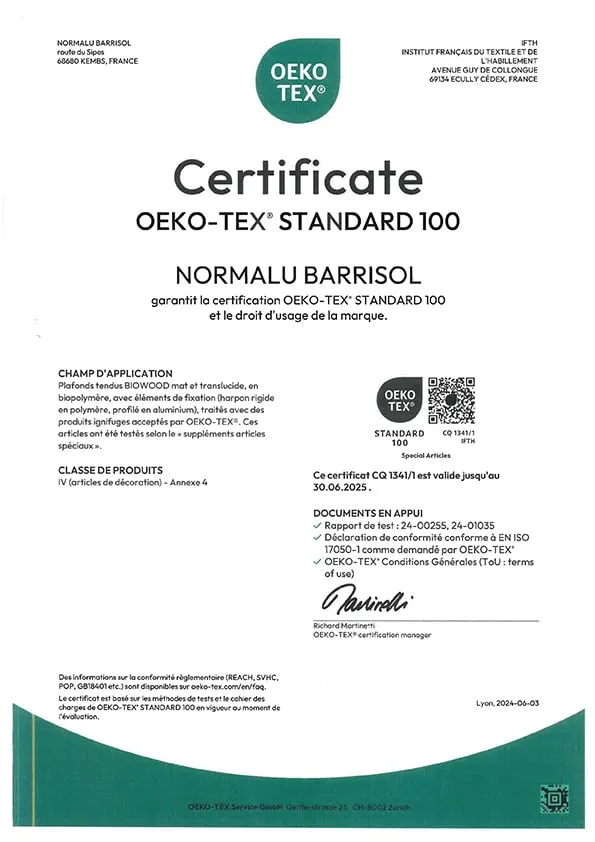 Màng căng sáng Barrisol đạt chứng nhận OEKO-TEX® thân thiện với môi trường.